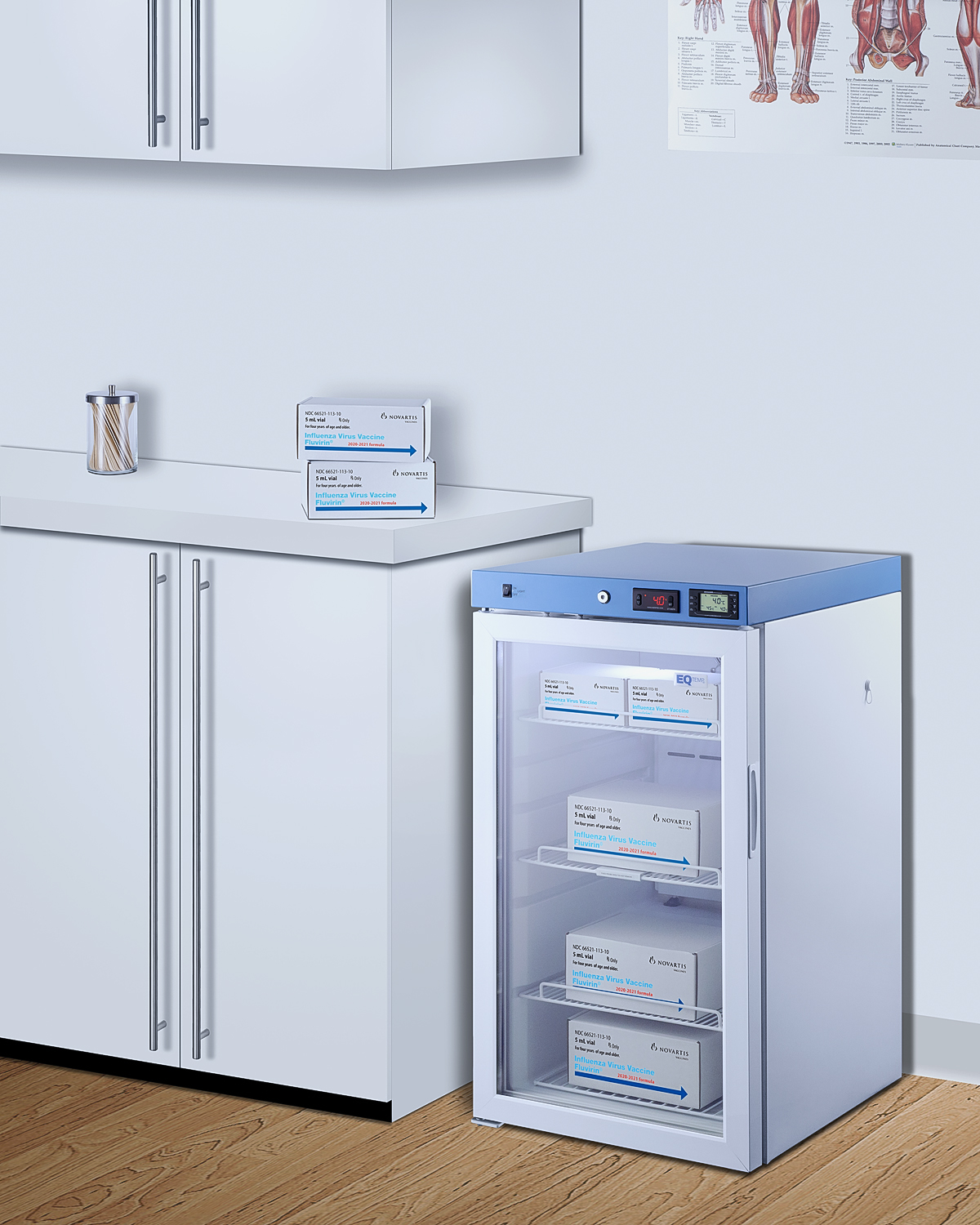 Healthcare all-refrigerator with self-closing door, front lock, digital controls, and external temperature readout